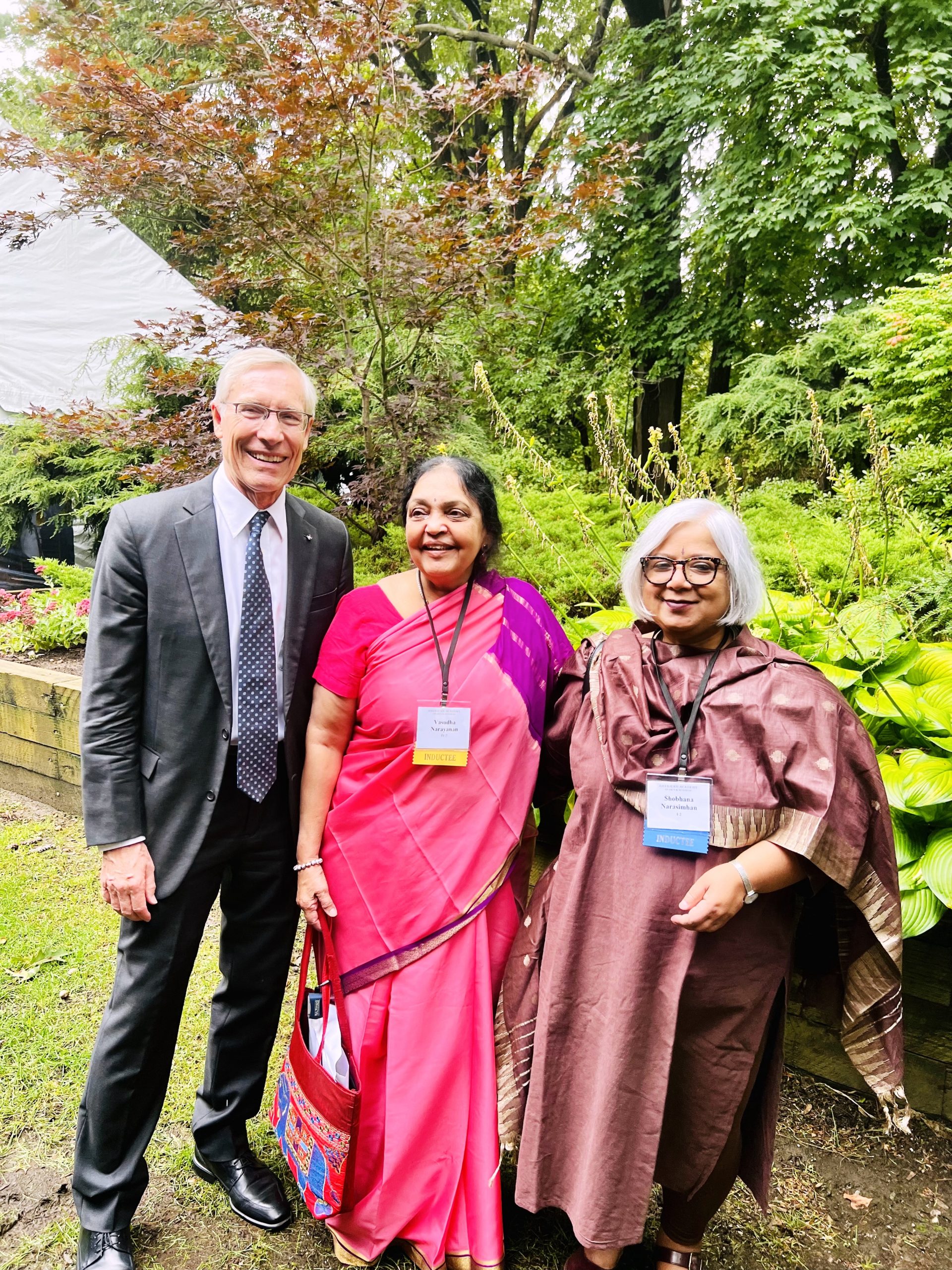 Dr. Vasudha Narayanan with fellow inductees, Professors Jacob Olupona and David Hall, both of Harvard University